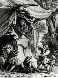 Allegoriskt porträtt av Jean de La Fontaine (1621-95) omgiven av djur från hans fabler